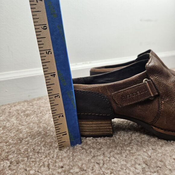 Merrell Oak Brown Leather Womens 7 Mule Clog Shoes Comfort Slip On Block Heel - Picture 6 of 15